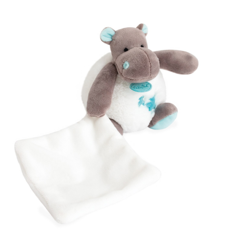 Bazile the hippo baby comforter with white blue star 